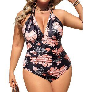 Aqua Eve Plus Size 16W Swimsuit One Piece Floral Adjustable Halter Tummy Control